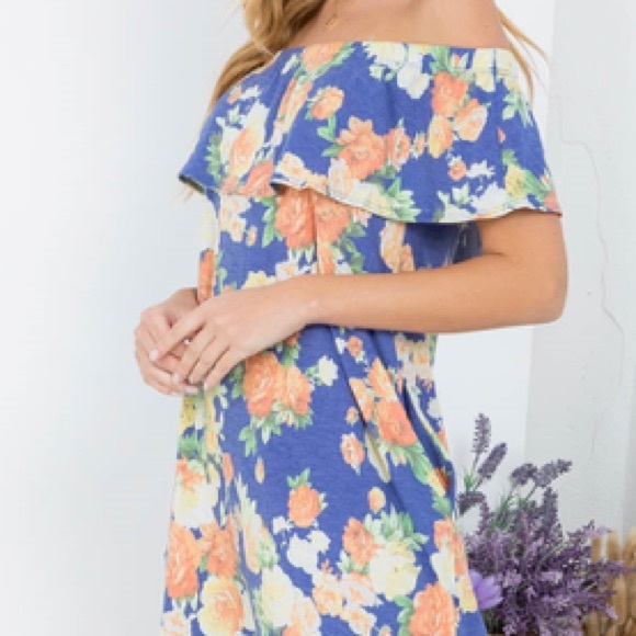 So cute! Tropical blue FLORAL PRINT OFF SHOULDER RUFFLE w/POCKET mini DRESS, NWT - Picture 10 of 15